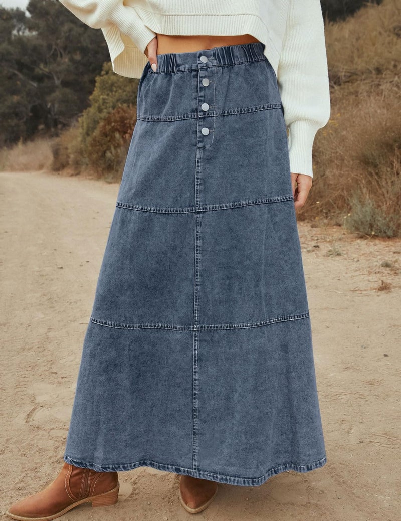loveimgs Women Casual Denim Maxi Skirt Elastic High Waist Tiered A Line Long Jean Skirt Y2k Western Patchwork 2025 (X-Small,Blue) - Image 5
