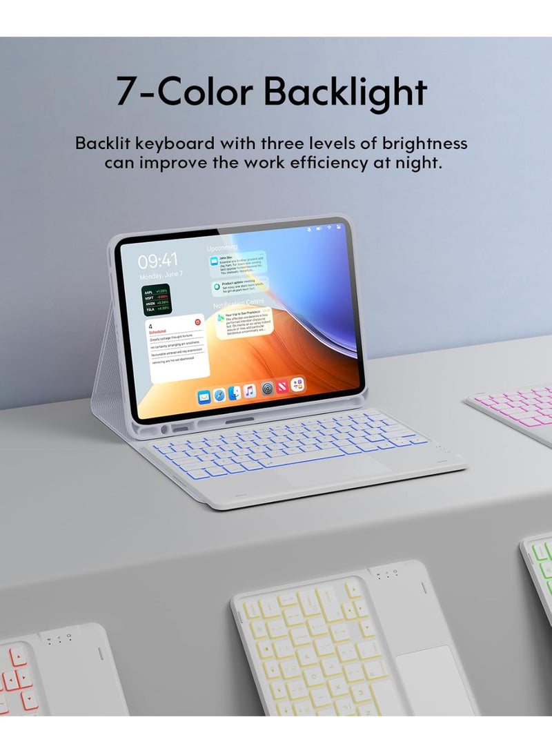 جراب لجهاز iPad Air مقاس 11 بوصة مع لوحة مفاتيح ثنائية اللغة (العربية/الإنجليزية) M3/M2 (2025/2024)، وإضاءة خلفية بسبعة ألوان، ولوحة لمس متعددة اللمس، وقناتين لاسلكيتين، متوافق مع iPad Pro مقاس 11 بوصة (الجيل الرابع/الثالث/الثاني/الأول) وiPad Air من الجيل الخامس والرابع، لون أبيض - Image 4