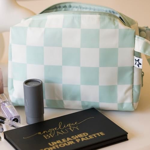 Tiny Twinkle Waterproof Travel Toiletry & Makeup Bag Organizer | Makeup Pouch with Multiple Compartments & Snap Handle for Travel | Gift for Teen Girls and Women（Sage Checkers - Image 4