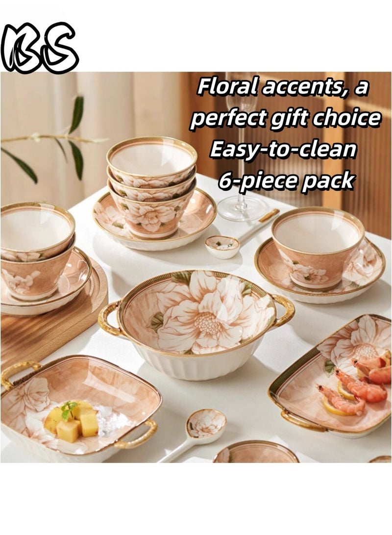 بي إس طقم عشاء سيراميك من ست قطع من بي إس، بنقشة الكاميليا - أفضل سعر | مثالي للوجبات اليومية والتجمعات العائلية في الشرق الأوسط، شحن سريع | فاخر وراقي، أنيق ورائع، طقم هدايا مثالي، مصمم بشكل جميل بنقوش زهرية ملونة - Image 1