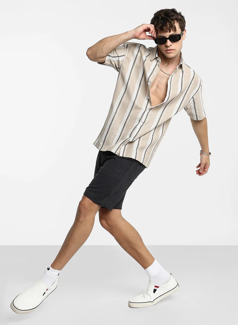 Campus Sutra Men's Saltbox Beige Shadow-Striped Shirt
