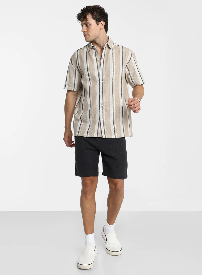 Campus Sutra Men's Saltbox Beige Shadow-Striped Shirt
