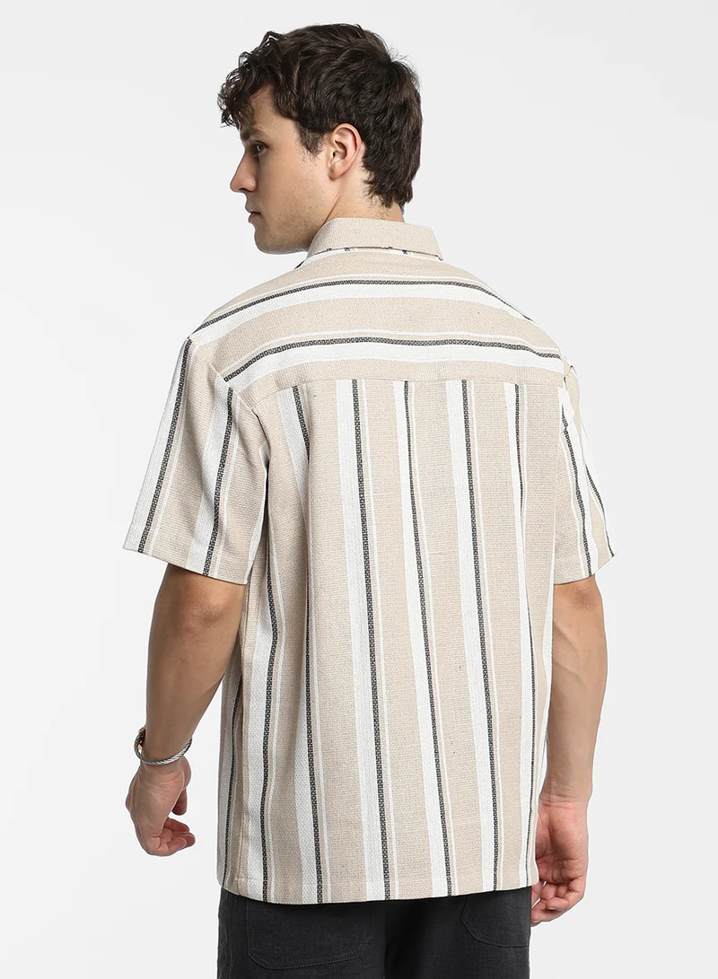 Campus Sutra Men's Saltbox Beige Shadow-Striped Shirt