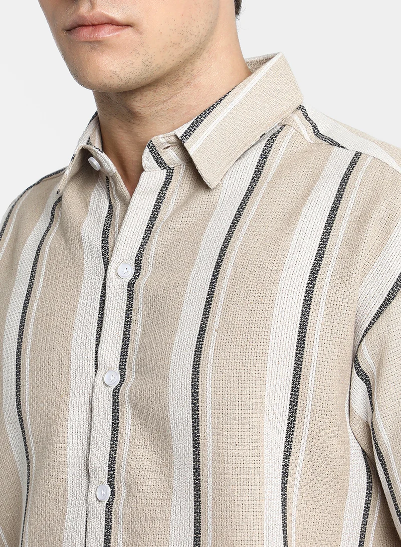 Campus Sutra Men's Saltbox Beige Shadow-Striped Shirt