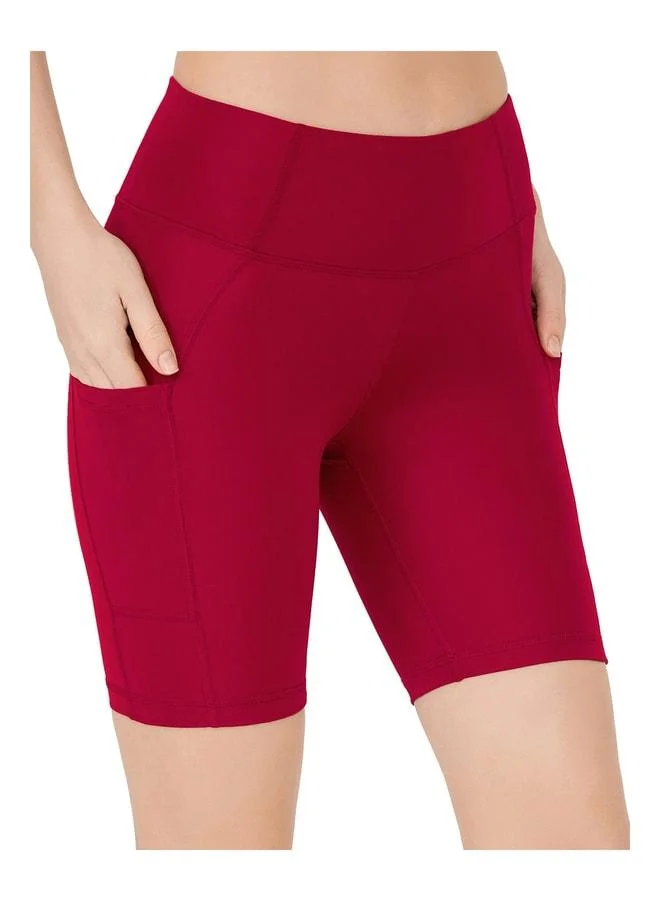 Los Ojos Women's Burgundy High Waist Shaping Double Pocket Biker Shorts Short Sports Leggings.