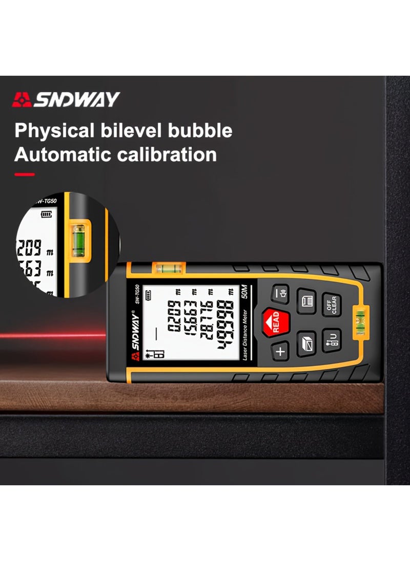 SNDWAY - مقياس ليزر 50 متر، مفتاح وحدة قدم/بوصة/متر، شريط قياس ليزر رقمي مع مستوى فقاعة، أداة قياس ليزر، شاشة LCD بإضاءة خلفية، قياس المسافة بالليزر، وضع فيثاغورس، قياس المساحة والحجم - Image 1