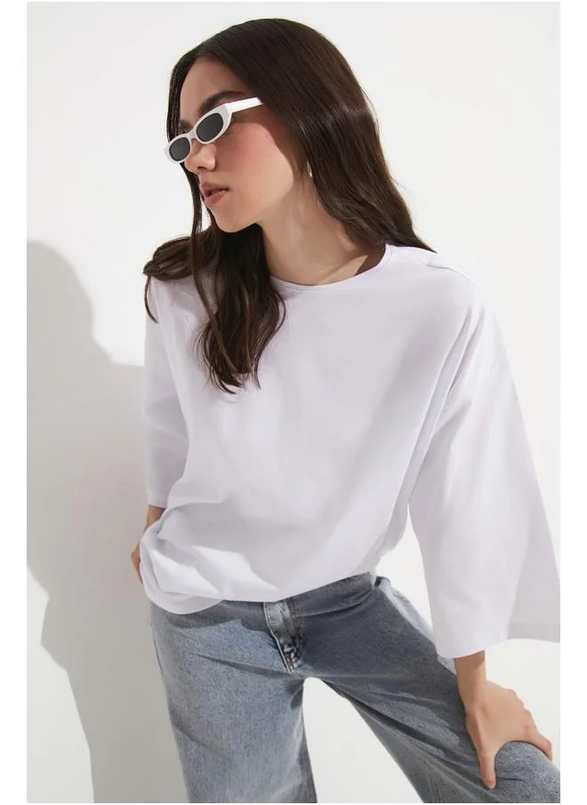 جون June Off Shoulder Loose Fit 100% Cotton Tshirt White