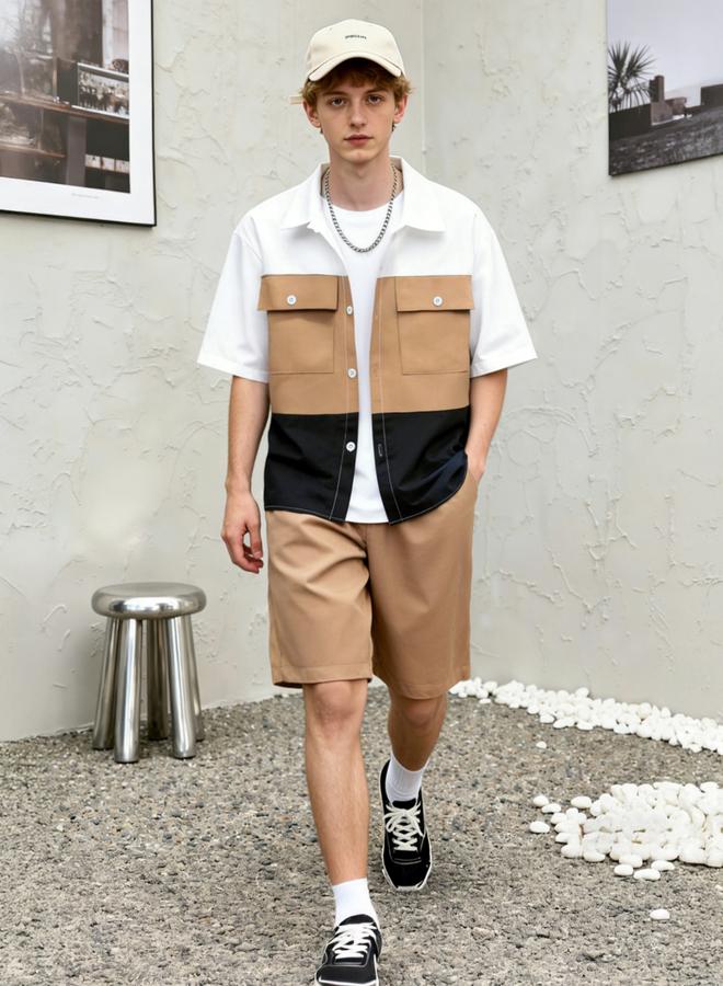 Take Two Men Color Block Pocket Detail Shirt and Shorts Co-ords - Image 3