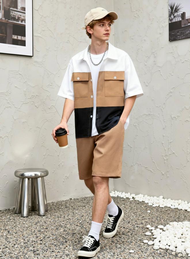 Take Two Men Color Block Pocket Detail Shirt and Shorts Co-ords - Image 1