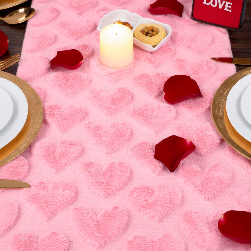 ChezMax Valentines Day Heart Table Runner - 13x72 Inch Pink 3D Heart Jacquard Faux Fur Table Decor, Soft Plush Elegant Valentine Day Decorations for Seasonal Dining Room Kitchen Party Home DÃ©cor Accent - Image 3