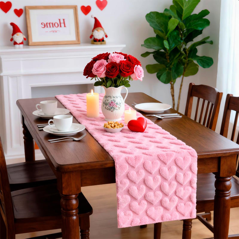 ChezMax Valentines Day Heart Table Runner - 13x72 Inch Pink 3D Heart Jacquard Faux Fur Table Decor, Soft Plush Elegant Valentine Day Decorations for Seasonal Dining Room Kitchen Party Home DÃ©cor Accent - Image 2