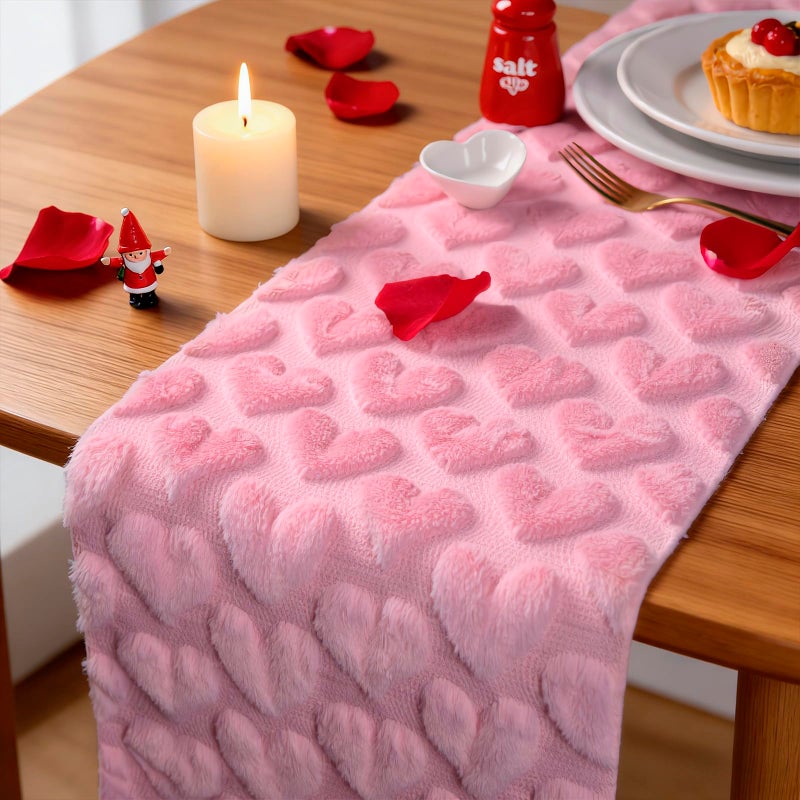 ChezMax Valentines Day Heart Table Runner - 13x72 Inch Pink 3D Heart Jacquard Faux Fur Table Decor, Soft Plush Elegant Valentine Day Decorations for Seasonal Dining Room Kitchen Party Home DÃ©cor Accent - Image 1