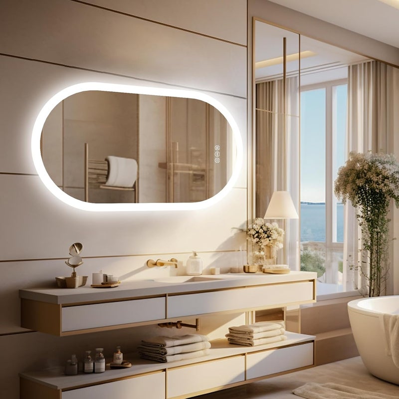 WISFOR Oval LED Bathroom Mirror: 50x80cm Wall Lighted Vanity Mirror with Anti-fog 3 Colors Dimmable Lighting Smart Switch Memory Function Plug-in Makeup Mirror LED Lighted Bathroom Mirror - Image 2