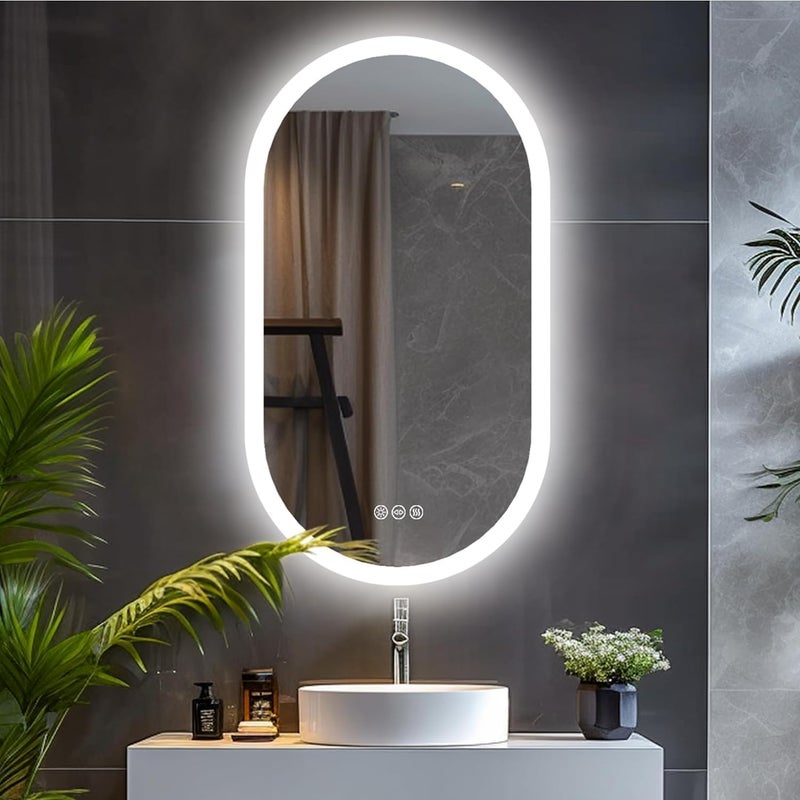 WISFOR Oval LED Bathroom Mirror: 50x80cm Wall Lighted Vanity Mirror with Anti-fog 3 Colors Dimmable Lighting Smart Switch Memory Function Plug-in Makeup Mirror LED Lighted Bathroom Mirror - Image 1