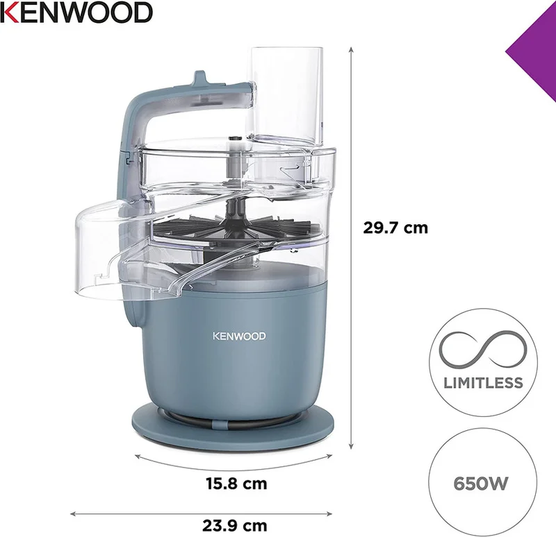 KENWOOD KENWOOD 2-in-1 Food Processor + Chopper 650W with 360° EXPRESS SERVE for Limitless Slicing/Grating, Powerful Versatility, Ultra Compact - Ready to Go in Your Kitchen Drawer FDP22.130GY Grey/Clear