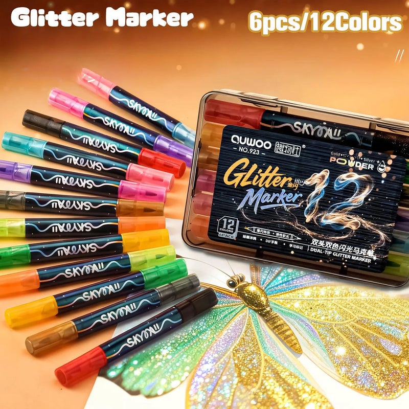 12 Colors Dual Ended Metallic Sequin Marker Pen With Brush Tip For Card Making Gifts Decorations Artists And Journal Keepers Medium Nib Water Based Ink Set - Image 1