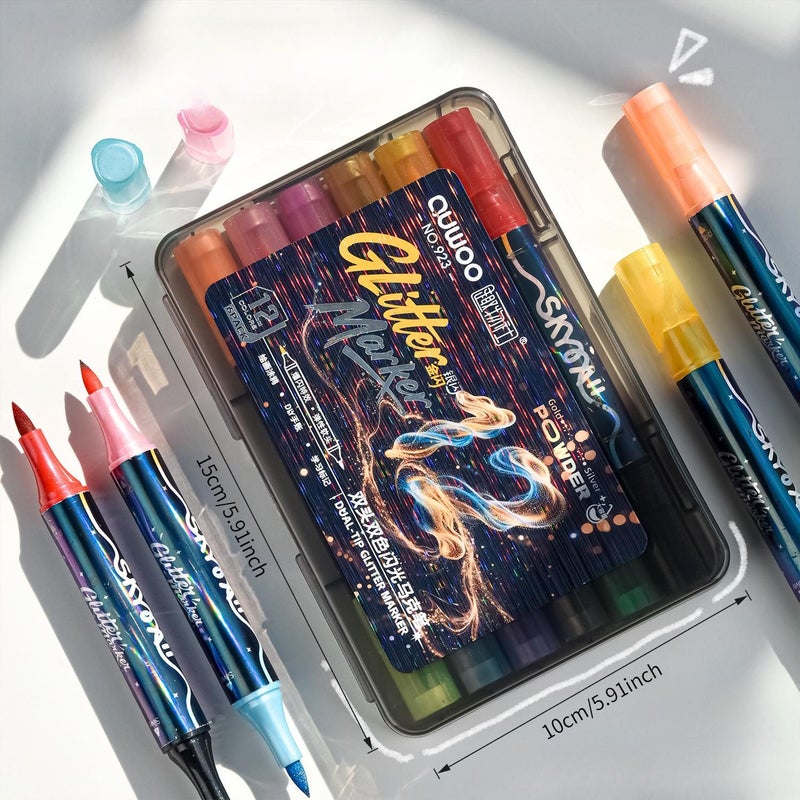 12 Colors Dual Ended Metallic Sequin Marker Pen With Brush Tip For Card Making Gifts Decorations Artists And Journal Keepers Medium Nib Water Based Ink Set - Image 2