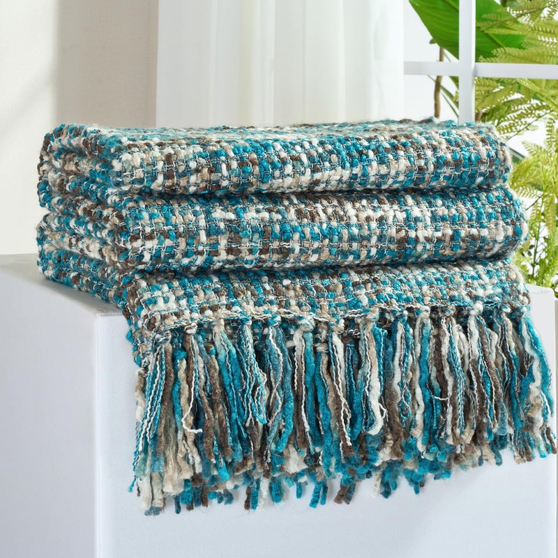 GINAMUSE Multi-Color Teal Cable Woven Throw Blanket for Couch,50"X60" Boho Style Textured Blankets for Home Decor,Super Soft Warm Cozy Chunky Blanket with Decorative Tassels for Bed and Sofa - Image 1