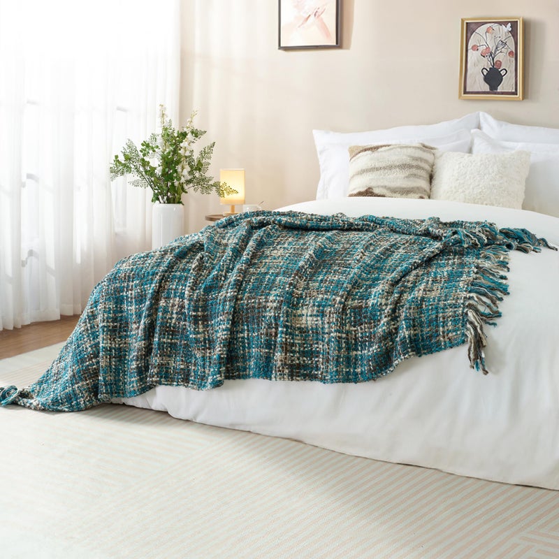 GINAMUSE Multi-Color Teal Cable Woven Throw Blanket for Couch,50"X60" Boho Style Textured Blankets for Home Decor,Super Soft Warm Cozy Chunky Blanket with Decorative Tassels for Bed and Sofa - Image 5