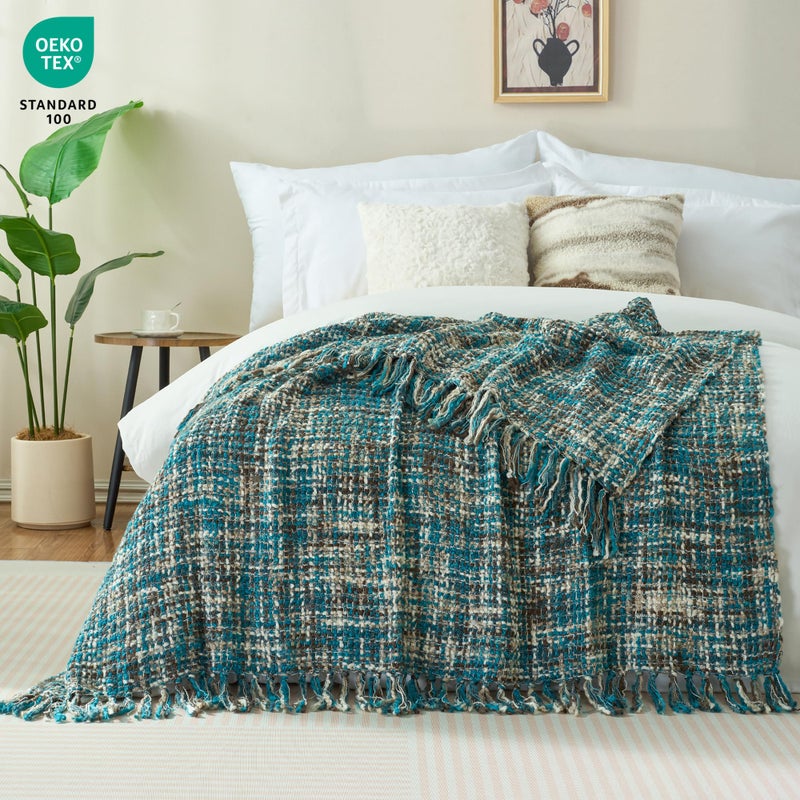 GINAMUSE Multi-Color Teal Cable Woven Throw Blanket for Couch,50"X60" Boho Style Textured Blankets for Home Decor,Super Soft Warm Cozy Chunky Blanket with Decorative Tassels for Bed and Sofa - Image 2