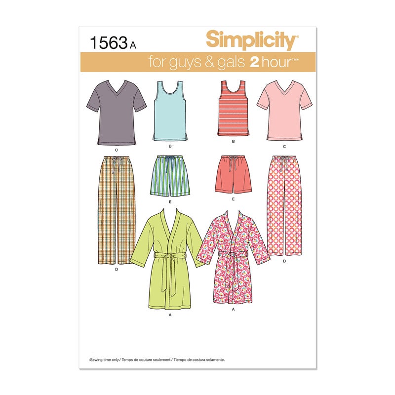 Simplicity US1563A Easy to Sew Teen's, Men's and Women's Pajama Sewing Pattern Kit, Code 1563, Sizes XS-XL - Image 1