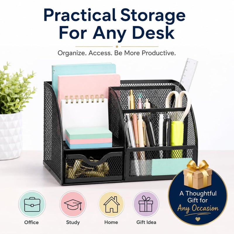 إكسرز EXERZ Desk Organiser 7 Compartment Pencil Holder Office Tidy Caddy Black - Image 4