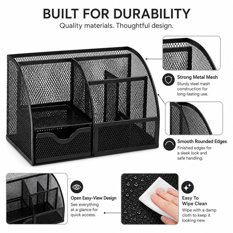 إكسرز EXERZ Desk Organiser 7 Compartment Pencil Holder Office Tidy Caddy Black - Image 5