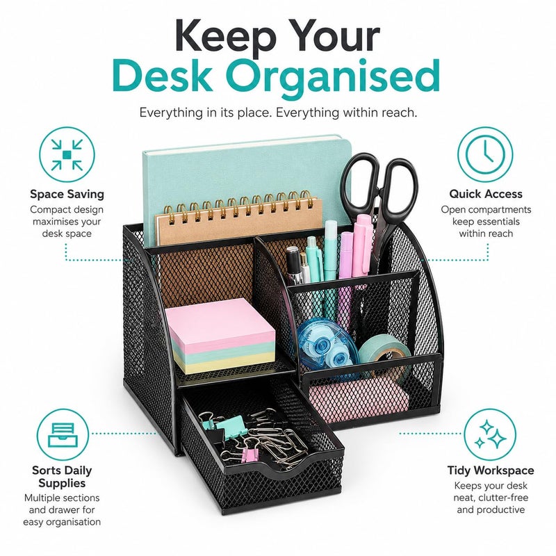 إكسرز EXERZ Desk Organiser 7 Compartment Pencil Holder Office Tidy Caddy Black - Image 3