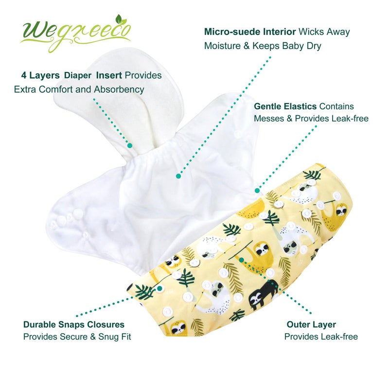 wegreeco Cloth Diapers 6 Pack with 6 Inserts & 1 Wet Bag, Washable Cloth Diapers for Babies, One Size Adjustable Reusable (Animal World) - Image 2