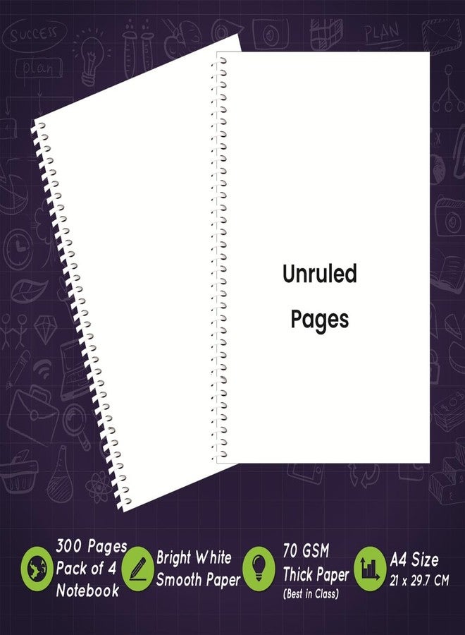 amblitz Spiral Notebook | UnRuled | 300 Pages | Pack of 4 | A4 Size | 70 GSM Thick Paper | Spiral Notebook Combo | - Image 2