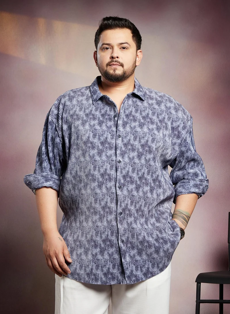 Instafab Plus Instafab Plus Men's Indigo Blue Faded Corduroy Relaxed Shirt For Casual Wear | Spread Collar | Long Cuffed Sleeves | Button Closure | Plus Size Shirt Crafted With Comfort Fit For Everyday Wear