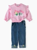 babyqlo Flower Pink Ruffle Sweatshirt 2 piece Set for Little Girls