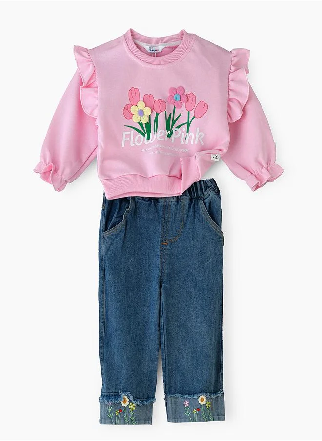 babyqlo Flower Pink Ruffle Sweatshirt 2 piece Set for Little Girls