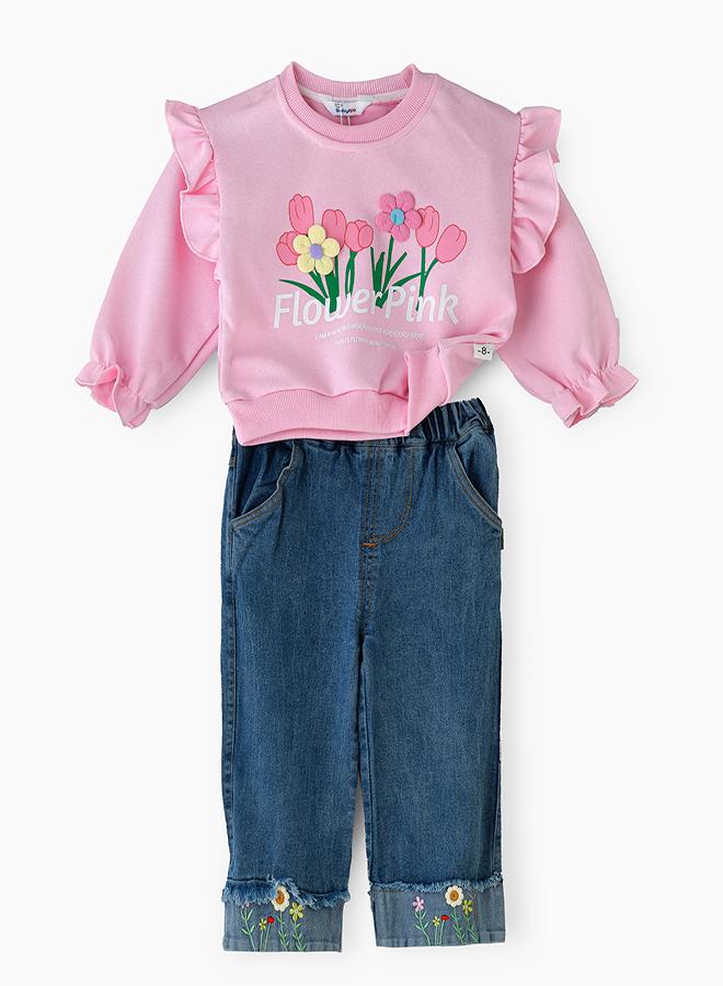 Flower Pink Ruffle Sweatshirt 2 piece Set for Little Girls
