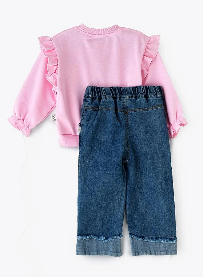 babyqlo Flower Pink Ruffle Sweatshirt 2 piece Set for Little Girls