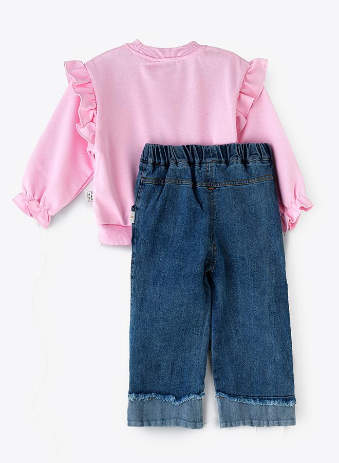 Flower Pink Ruffle Sweatshirt 2 piece Set for Little Girls