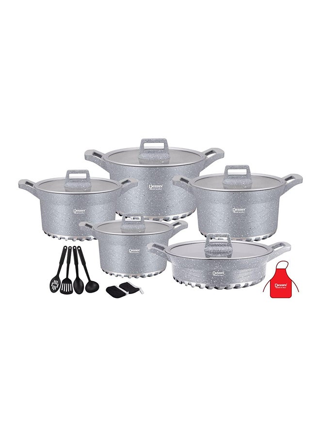17-Piece Classique Pro Aluminium Non Stick Interior Durable & Light Weight Cookware Set Includes 14 cm Sauce Pan, 24 cm Covered Casserole, 24 cm Covered Casserole, 30 cm Covered Stock Pot, 24 cm Open Fry Pan, 28 cm Open Fry Pan, 25 cm Concave Tawa, 3xCooking Tool Grey