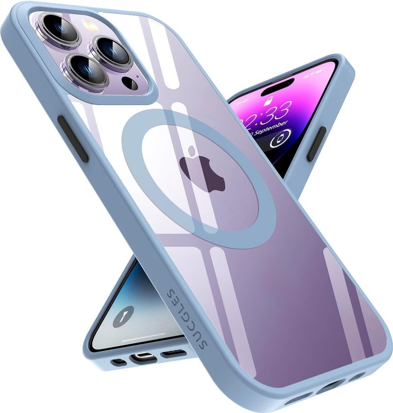 SUCGLES [2023 New] for iPhone 14 Pro Case with MagSafe, [Strong Magnet] [Non-Yellowing] [Military Grade Protection] Magnetic Slim Fit Bumper Mag Safe Thin Phone Cover for (Apple 14pro, Clear Sierra Blue) - Image 1