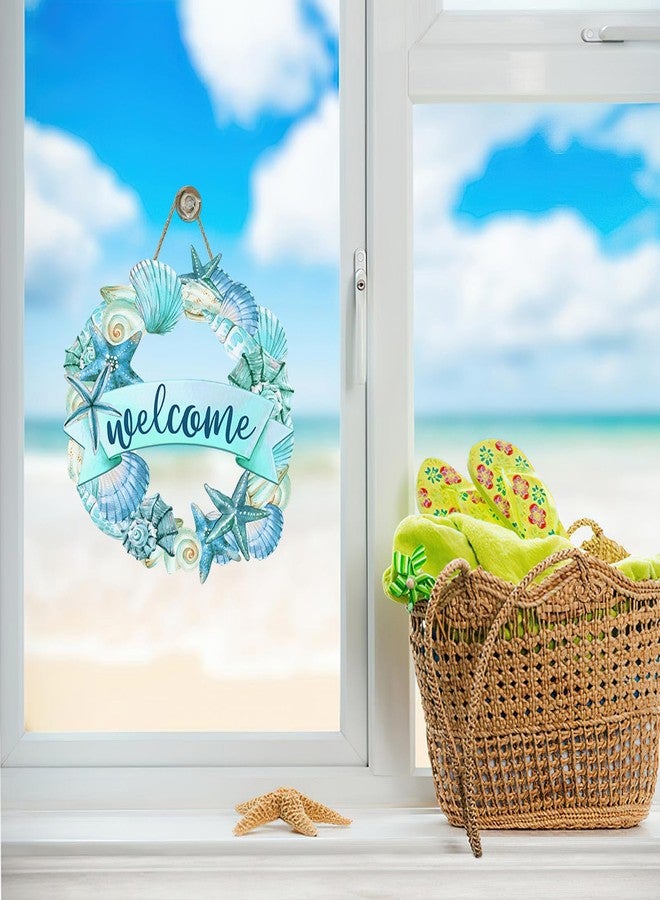 Bolisom Welcome Summer Coastal Beach Front Door Sign, Sea Shell Starfish Conch Wood Plaque Hanger Outdoor Outside Porch Home Decor, Nautical Ocean Wooden Wreath Indoor Wall Hanging Decoration - Image 5