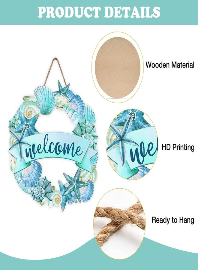 Bolisom Welcome Summer Coastal Beach Front Door Sign, Sea Shell Starfish Conch Wood Plaque Hanger Outdoor Outside Porch Home Decor, Nautical Ocean Wooden Wreath Indoor Wall Hanging Decoration - Image 3