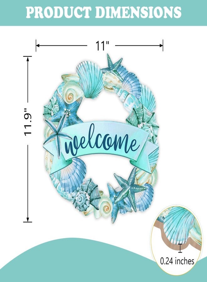 Bolisom Welcome Summer Coastal Beach Front Door Sign, Sea Shell Starfish Conch Wood Plaque Hanger Outdoor Outside Porch Home Decor, Nautical Ocean Wooden Wreath Indoor Wall Hanging Decoration - Image 2