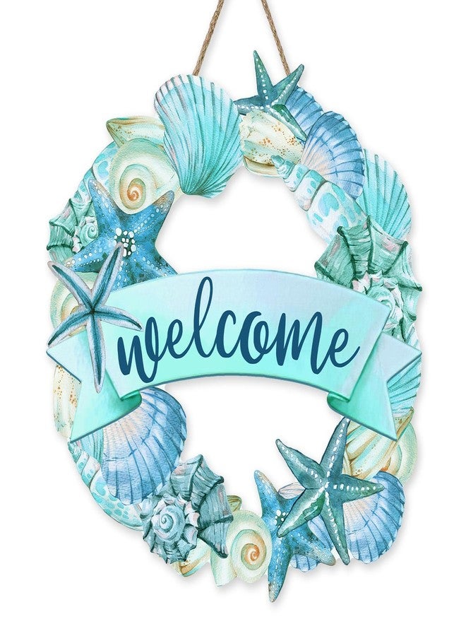 Bolisom Welcome Summer Coastal Beach Front Door Sign, Sea Shell Starfish Conch Wood Plaque Hanger Outdoor Outside Porch Home Decor, Nautical Ocean Wooden Wreath Indoor Wall Hanging Decoration - Image 1