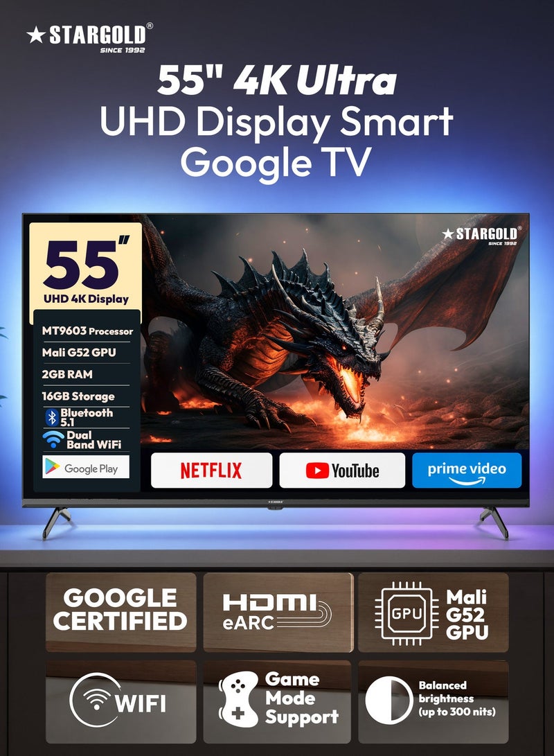 STARGOLD Best 55 inch Smart TV Metal Frameless UHD 55 inch Google TV with 2GB RAM, 16GB Storage, Bluetooth 5.1, WiFi, Dolby Audio, HDR 10, Gaming TV, 55-inch IPS Panel, 60Hz Refresh Rate, 55-inch 4K UHD Smart TV, Magic Remote, 55-inch TV Box, Google Assistant, 55 inch TV Screen, Best TV for World Cup  55 inch Smart TV Sale, and Dynamic Backlight - Image 1