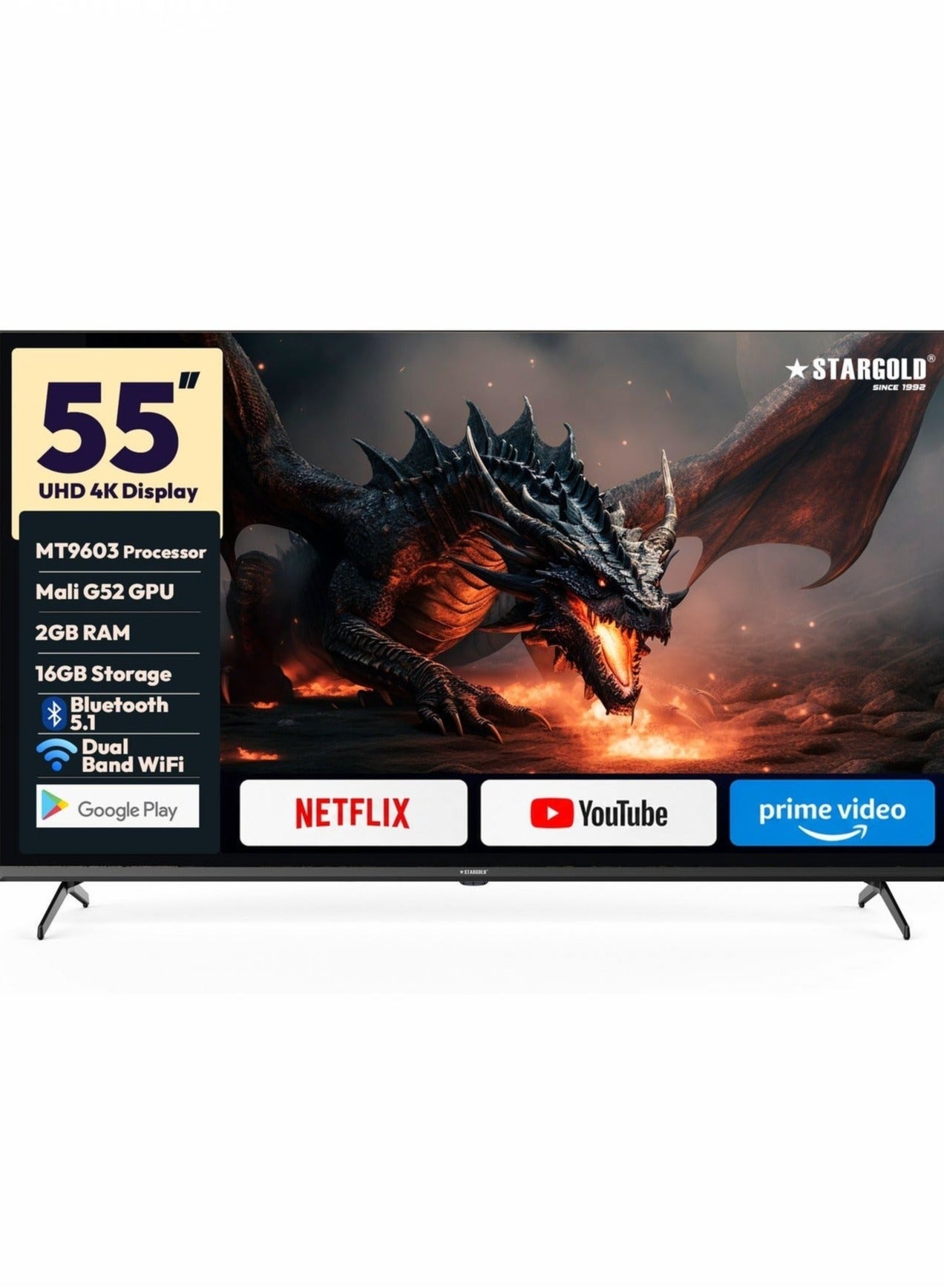 55 Inch 4K UHD Google TV Smart LED TV with 2GB RAM, 16GB ROM, HDR10, 60Hz, 4 HDMI 2.1, 2 USB, Bluetooth 5.1, Dual Band Wi-Fi, Bezel less Design SG-C5525SMART Black