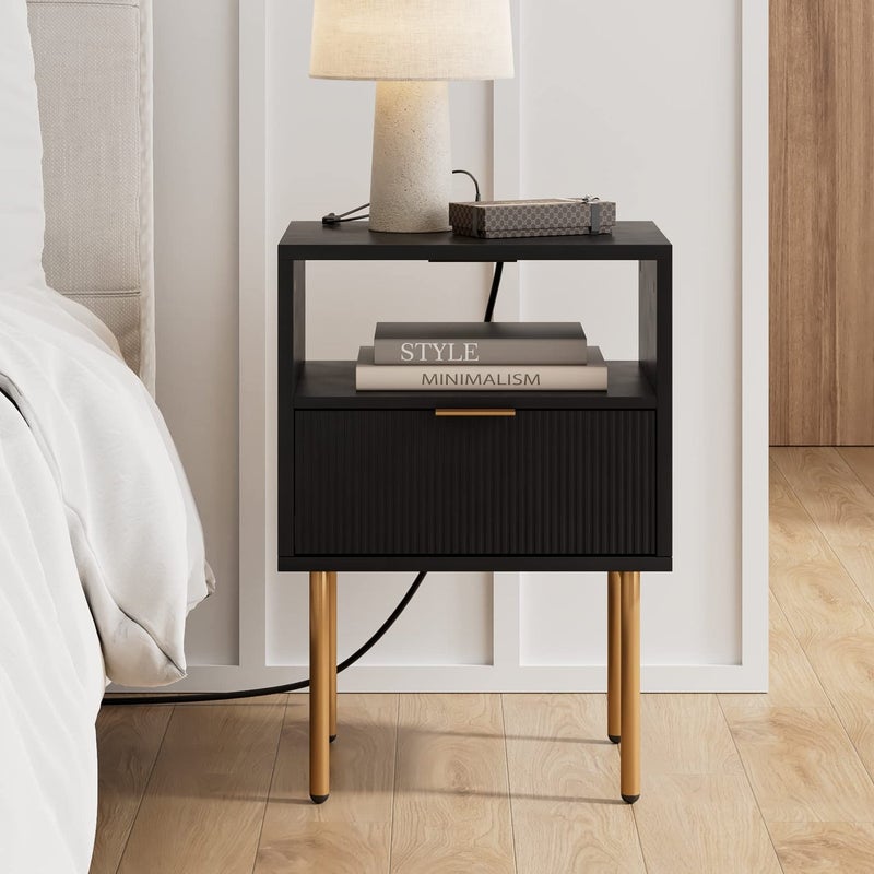 Masupu Nightstand with Charging StationMidCentury Modern Bedside Table with Storage Drawer and Open Wood ShelfSmall Gold Frame Side Table for BedroomLiving Room Black