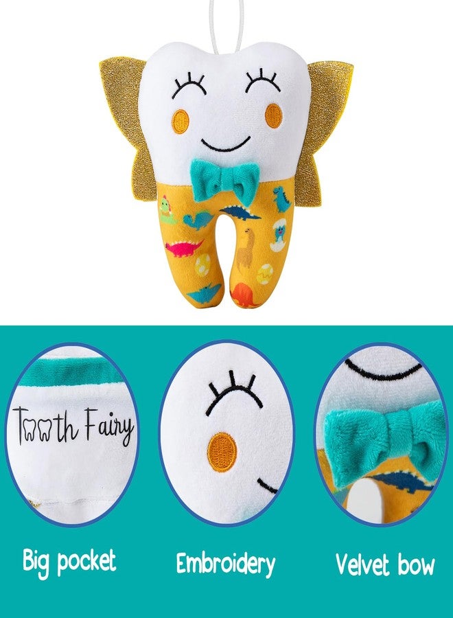 free-space Tooth Fairy Pillow for Boy Embroidery with Pocket Shiny Wings Crystal Velvet Tooth Fairy Keepsake Boys Girls Gifts (Yellow) - Image 4