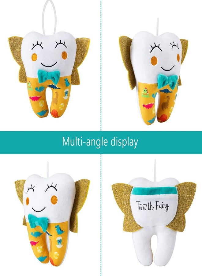 free-space Tooth Fairy Pillow for Boy Embroidery with Pocket Shiny Wings Crystal Velvet Tooth Fairy Keepsake Boys Girls Gifts (Yellow) - Image 3
