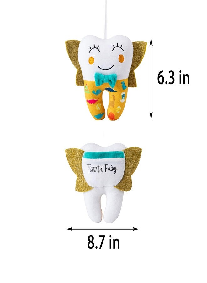free-space Tooth Fairy Pillow for Boy Embroidery with Pocket Shiny Wings Crystal Velvet Tooth Fairy Keepsake Boys Girls Gifts (Yellow) - Image 2