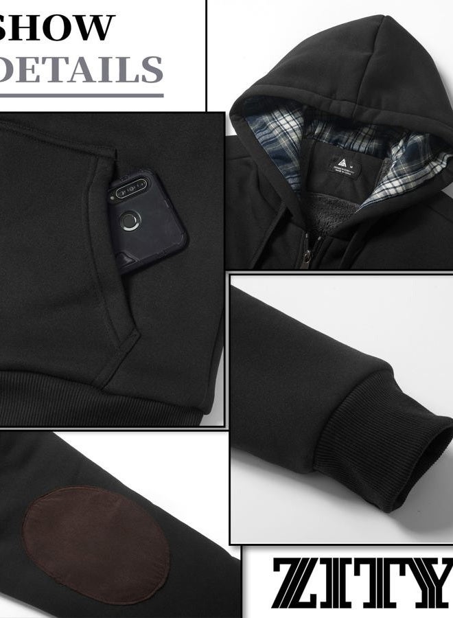 ZITY Men's Zip Up Hoodie Heavyweight Winter Sweatshirt Fleece Sherpa Lined Elbow Patches Warm Jacket Coat, Black, L - Image 5