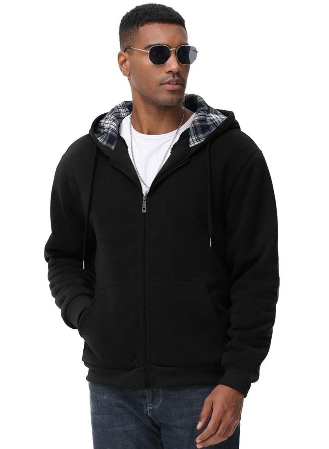 ZITY Men's Zip Up Hoodie Heavyweight Winter Sweatshirt Fleece Sherpa Lined Elbow Patches Warm Jacket Coat, Black, L - Image 2